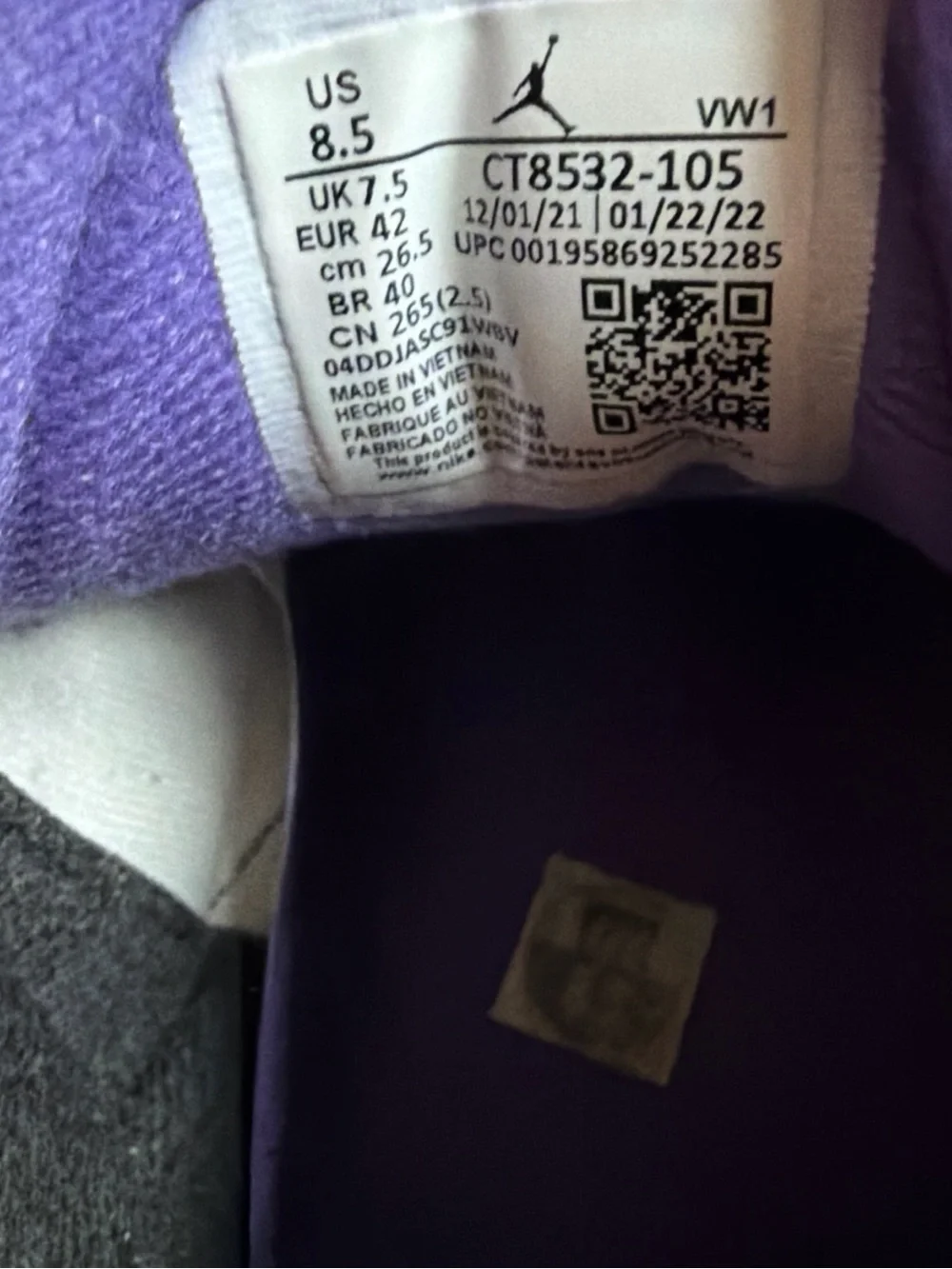 Jordan White and Purple Retro Basketball Sneakers with Elephant Print